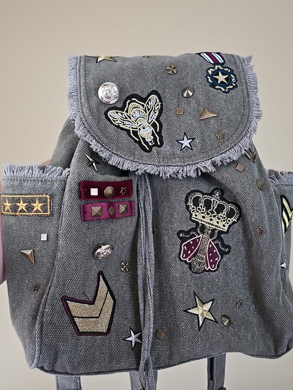 Steven Madden Embellished Olive Green Canvas Backpack With Decorative Patches